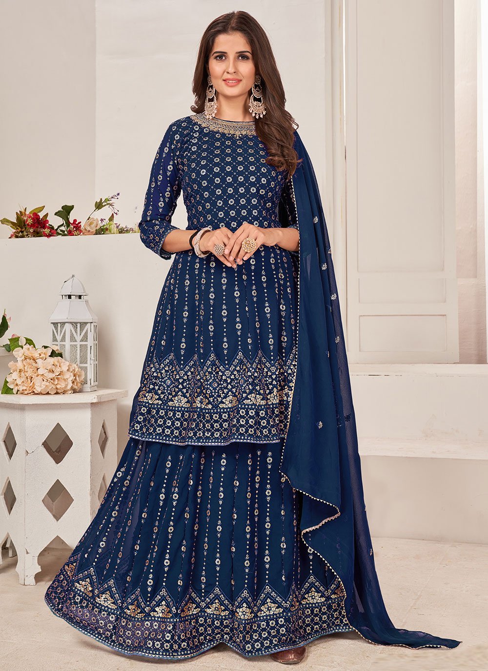 Palazzo Salwar Suit Faux Georgette Blue Embroidered Salwar Kameez