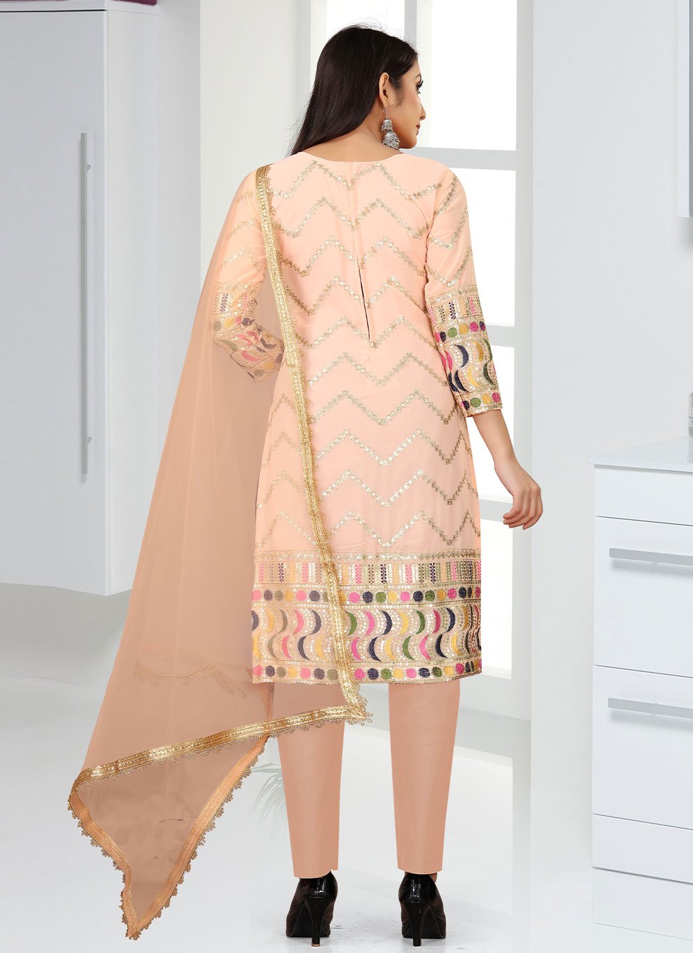 Trendy Suit Faux Georgette Peach Embroidered Salwar Kameez