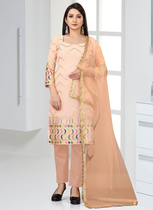 Trendy Suit Faux Georgette Peach Embroidered Salwar Kameez