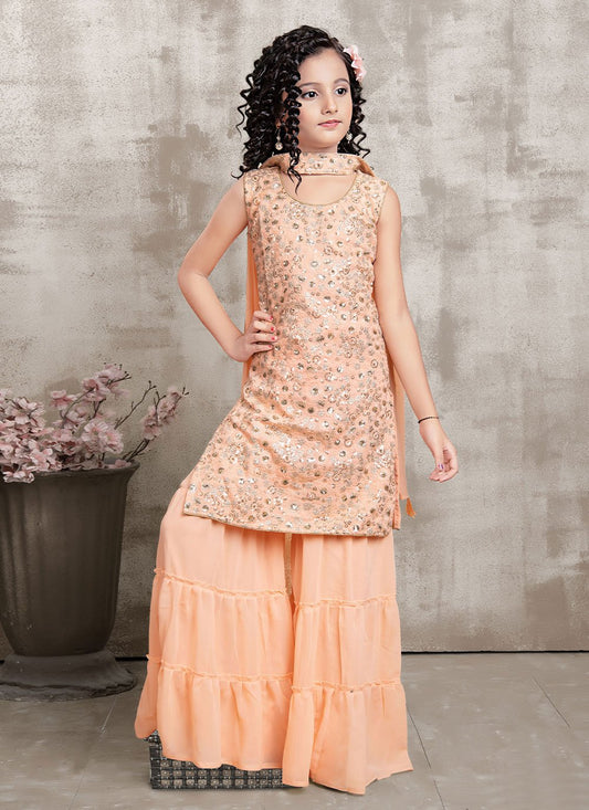 Salwar Suit Faux Georgette Orange Sequins Kids