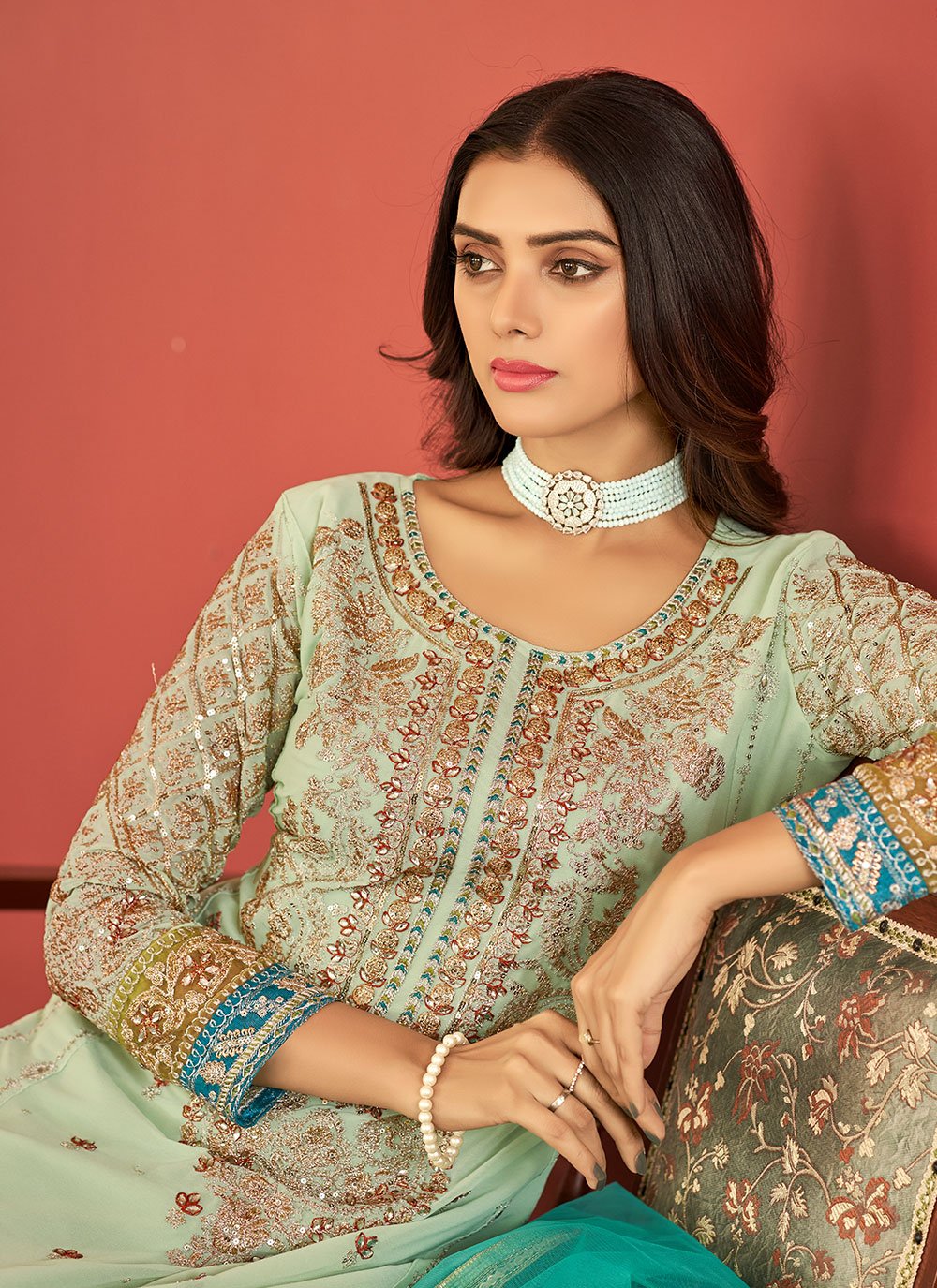 Salwar Suit Faux Georgette Sea Green Embroidered Salwar Kameez