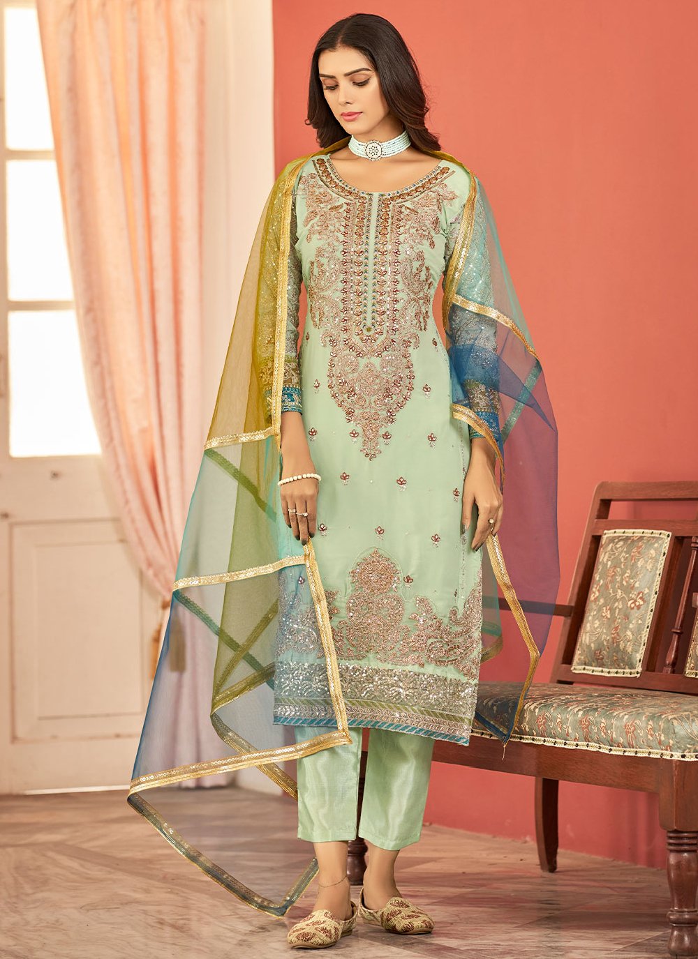 Salwar Suit Faux Georgette Sea Green Embroidered Salwar Kameez