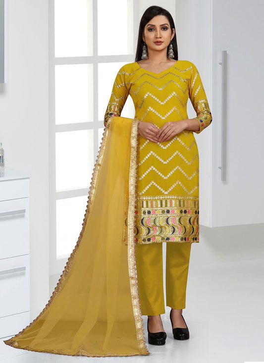 Straight Salwar Suit Faux Georgette Mustard Embroidered Salwar Kameez