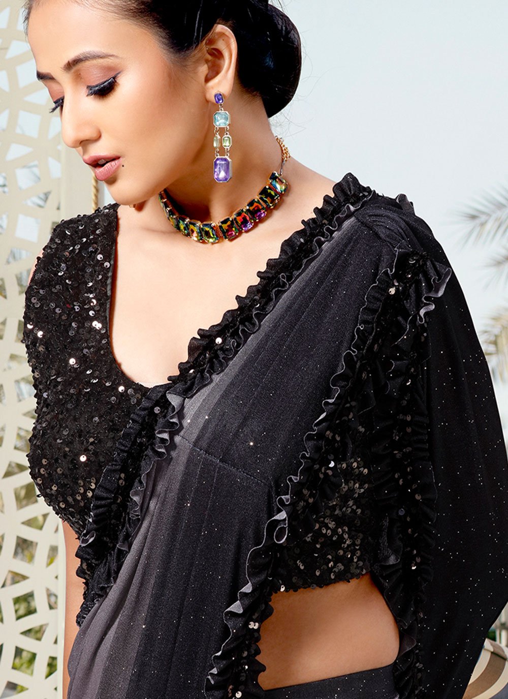 Contemporary Imported Grey Sequins Saree