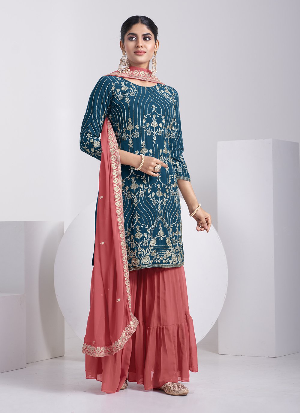 Sharara Set Faux Georgette Teal Embroidered Salwar Kameez