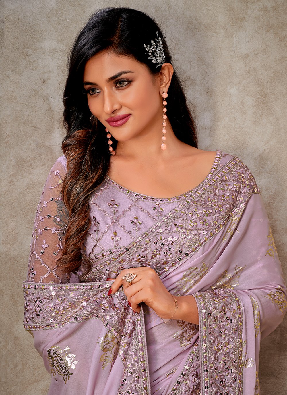 Contemporary Foil Silk Lavender Patch Border Saree