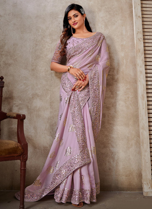 Contemporary Foil Silk Lavender Patch Border Saree