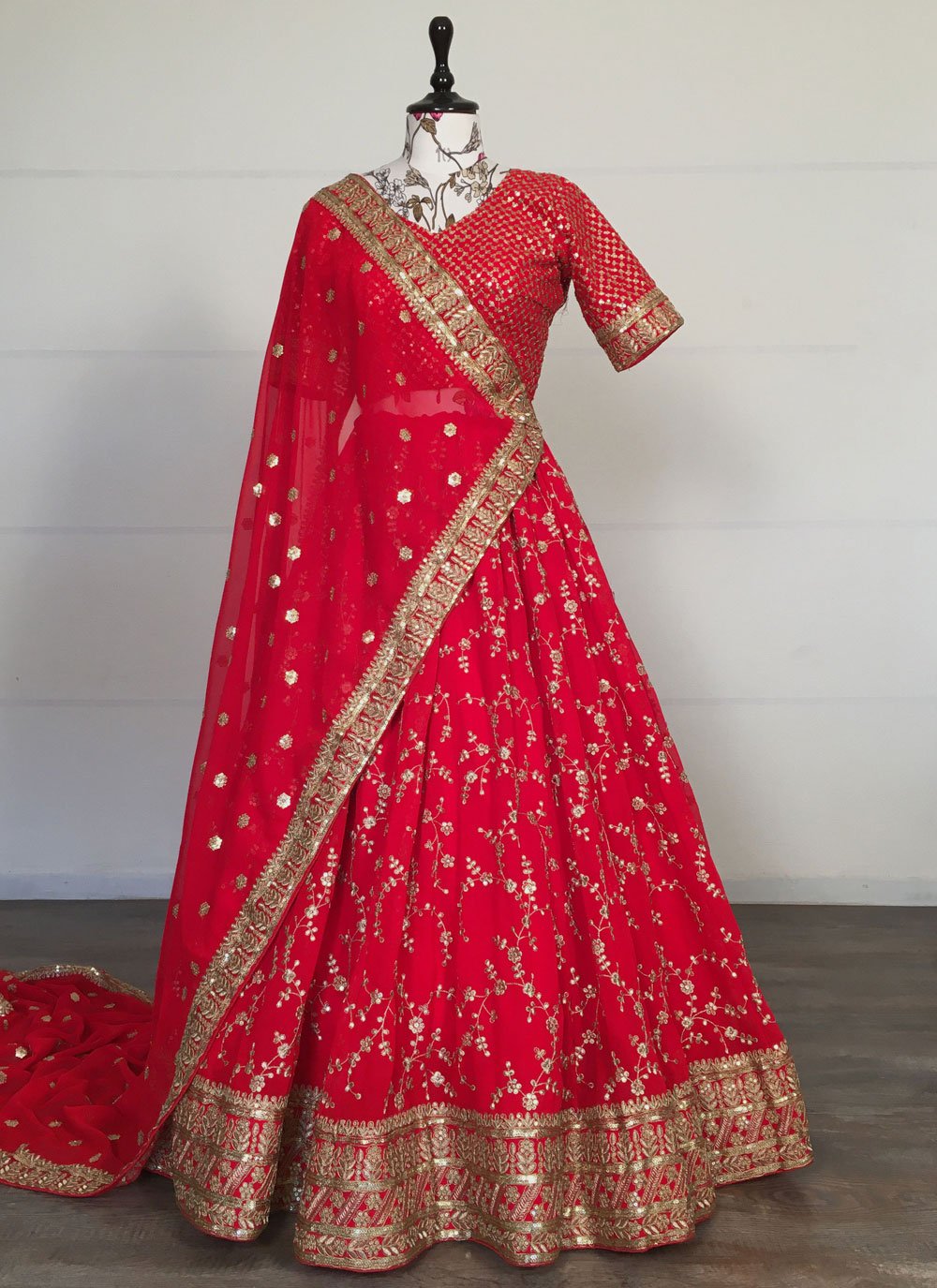 A Line Lehenga Georgette Red Embroidered Lehenga Choli