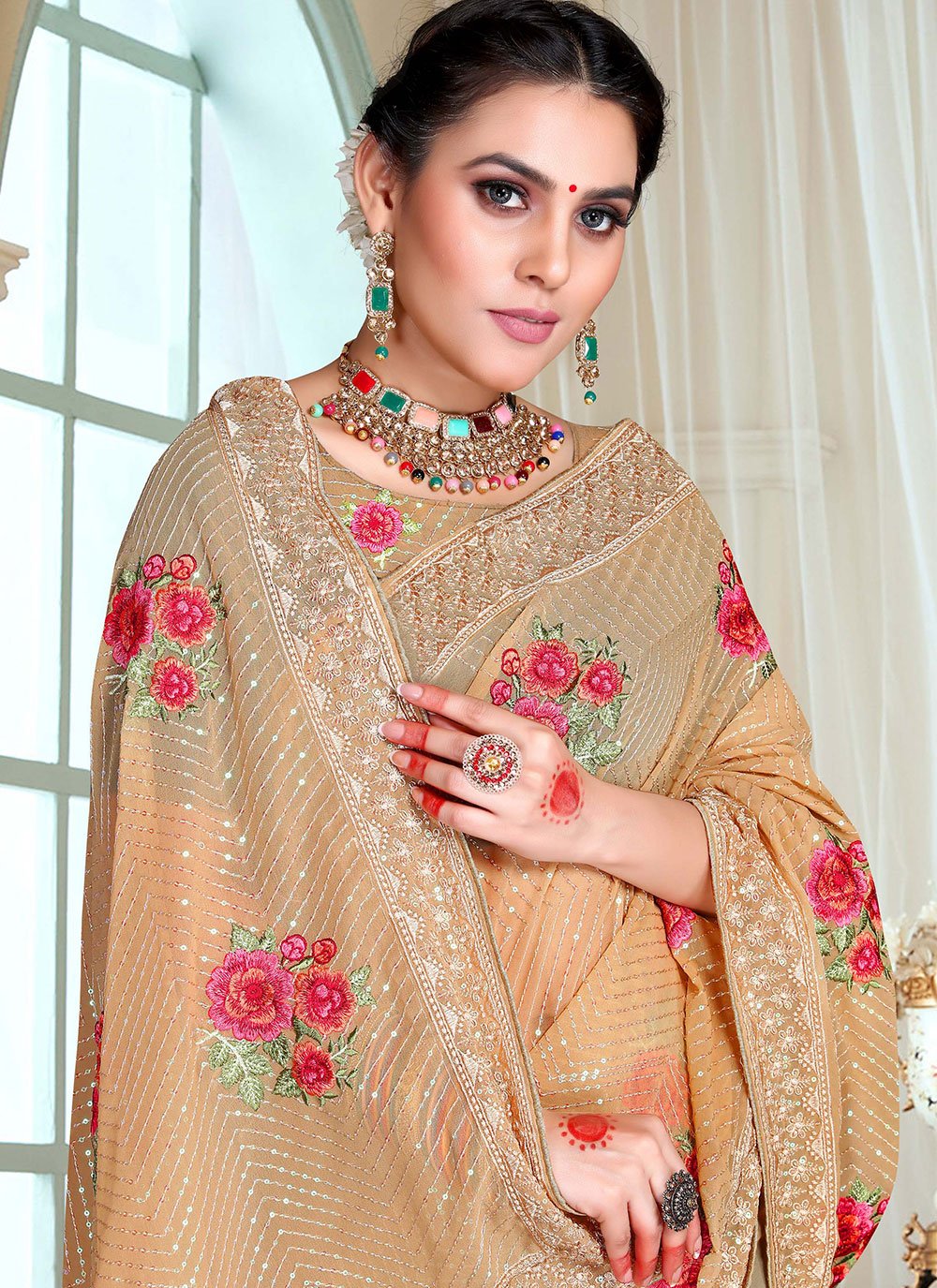 Classic Georgette Beige Embroidered Saree