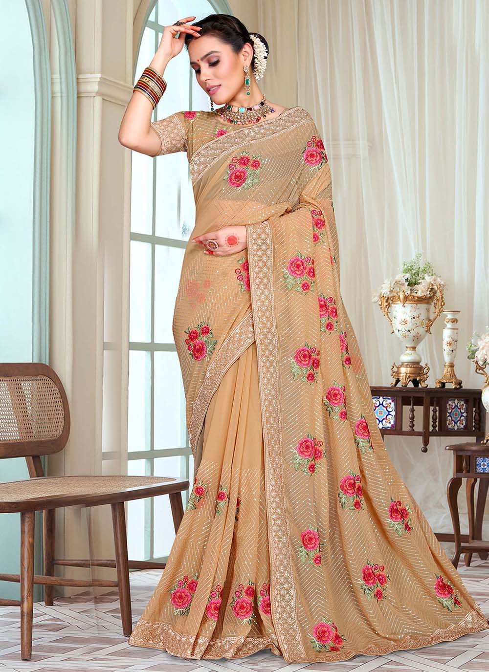 Classic Georgette Beige Embroidered Saree