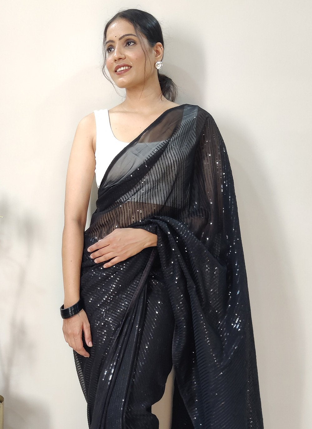 Contemporary Georgette Black Sequins Saree