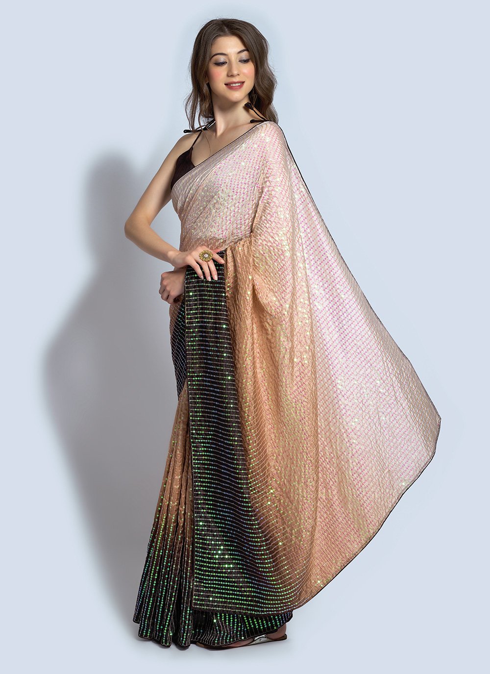 Shaded Saree Georgette Brown Peach Sequins Saree