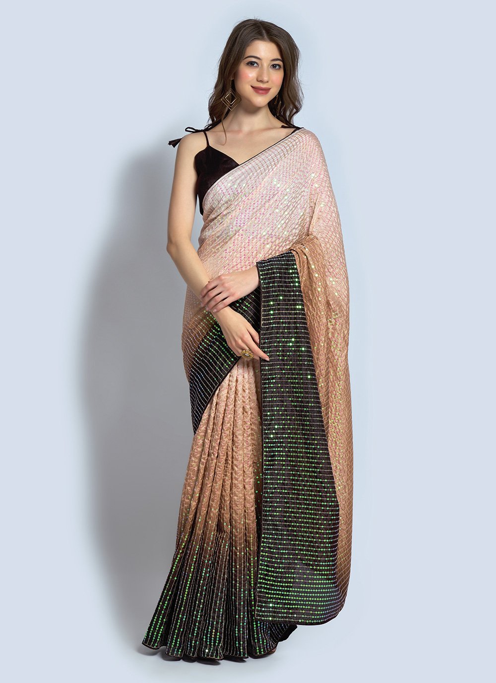 Shaded Saree Georgette Brown Peach Sequins Saree