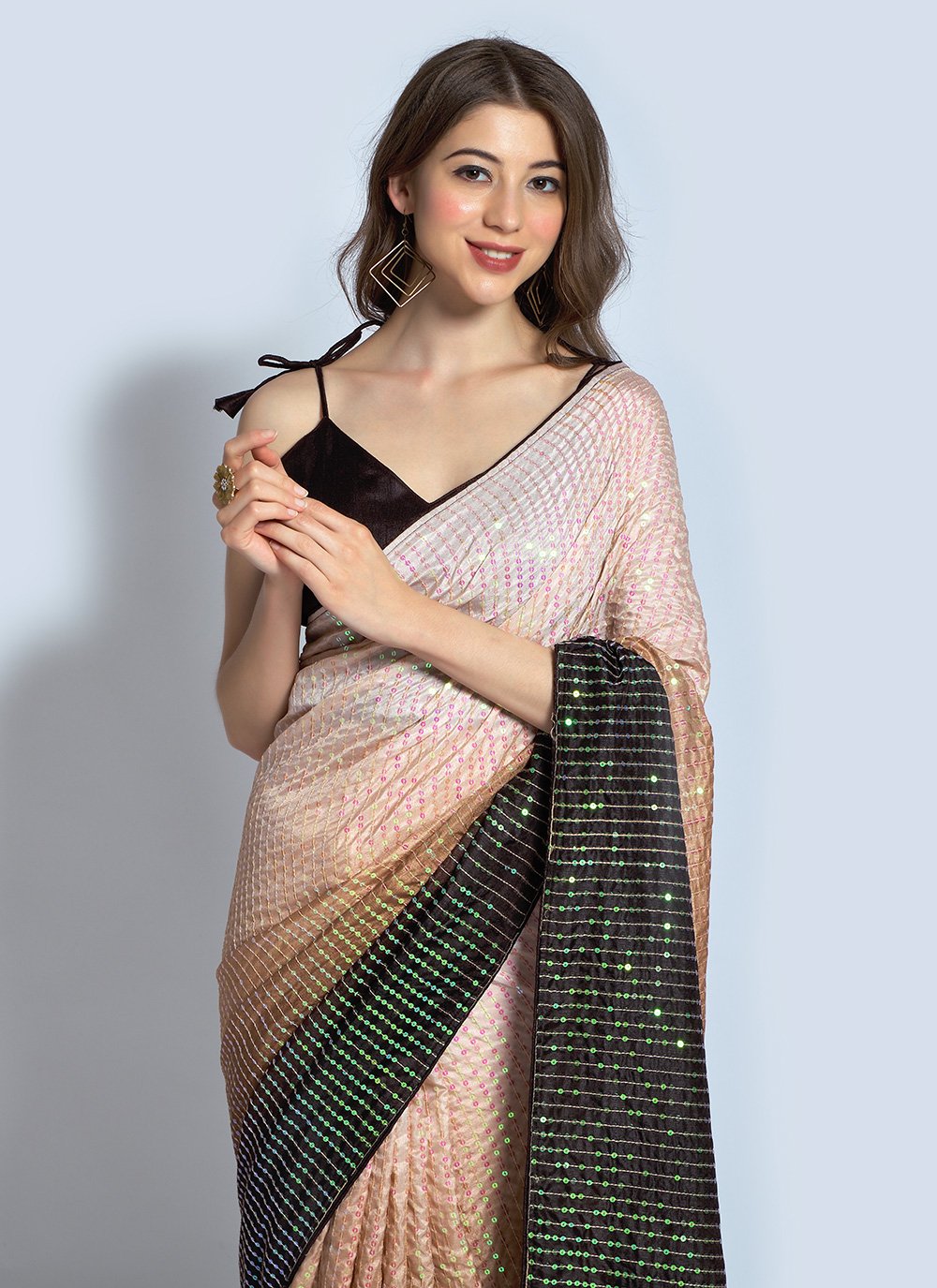 Shaded Saree Georgette Brown Peach Sequins Saree