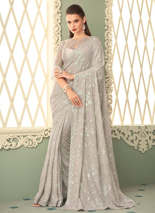 Classic Georgette Grey Embroidered Saree