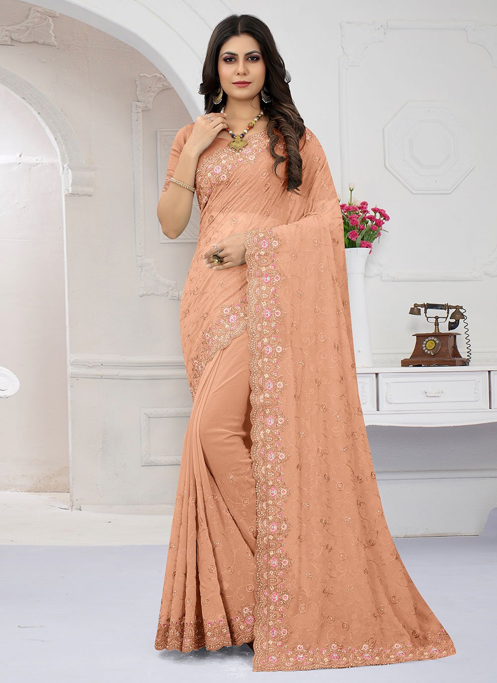 Classic Georgette Peach Diamond Saree