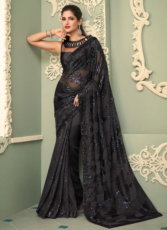 Contemporary Georgette Grey Embroidered Saree