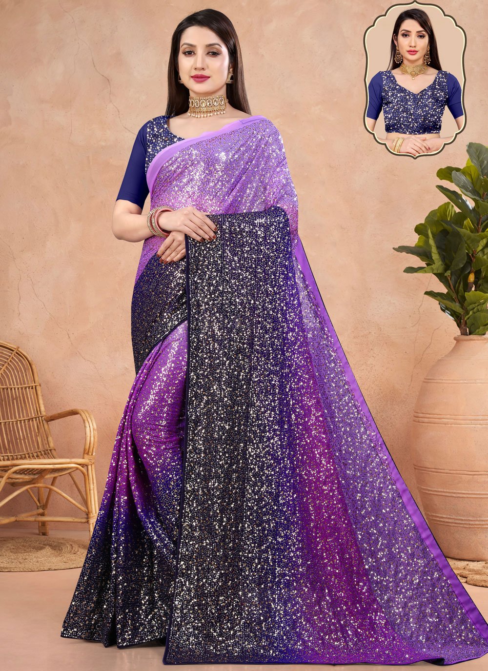 Contemporary Georgette Black Purple Sequins Saree