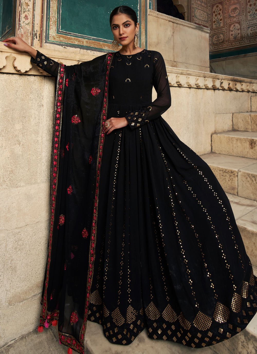 Designer Gown Georgette Black Embroidered Gown