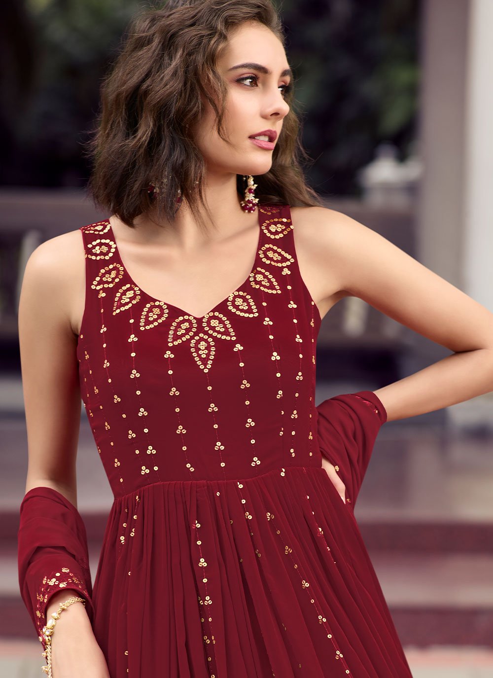 Designer Gown Georgette Maroon Embroidered Gown