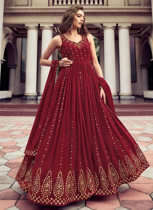 Designer Gown Georgette Maroon Embroidered Gown