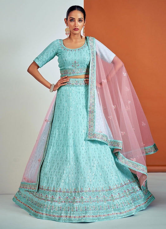 Lehenga Choli Georgette Aqua Blue Dori Work Lehenga Choli