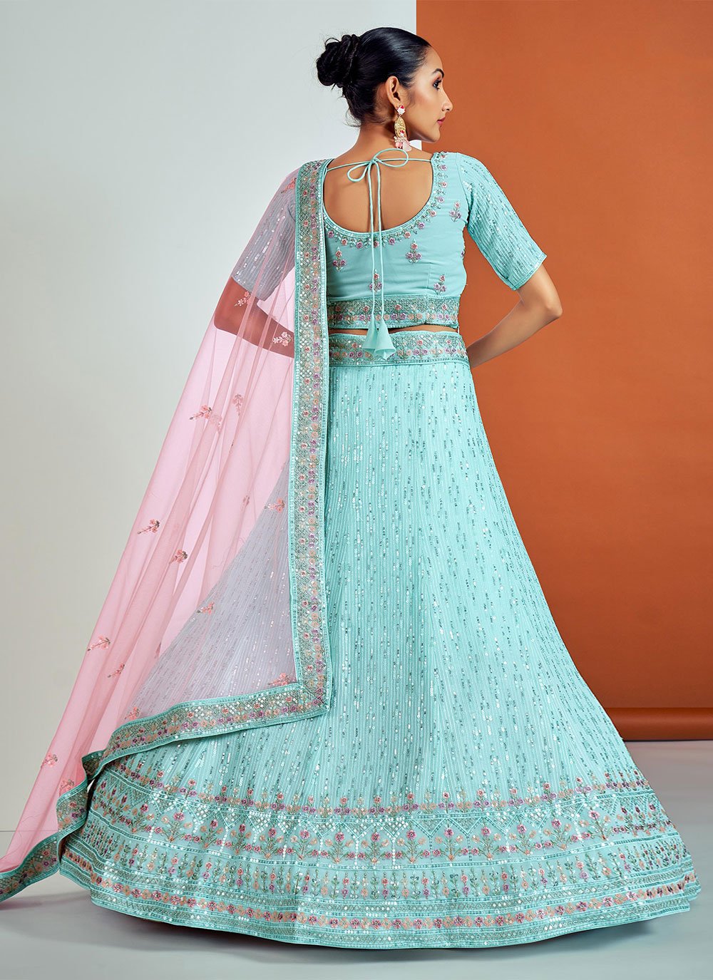 Lehenga Choli Georgette Aqua Blue Dori Work Lehenga Choli