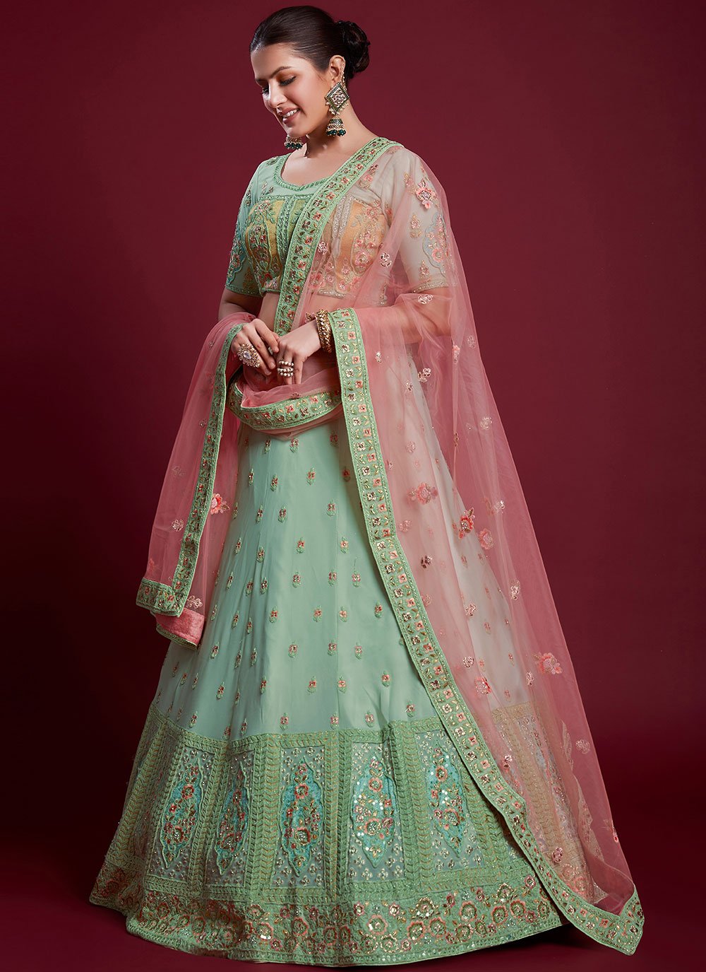 Lehenga Choli Georgette Green Dori Work Lehenga Choli