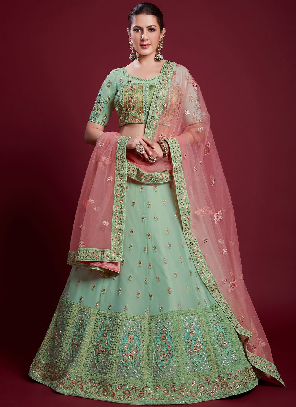 Lehenga Choli Georgette Green Dori Work Lehenga Choli