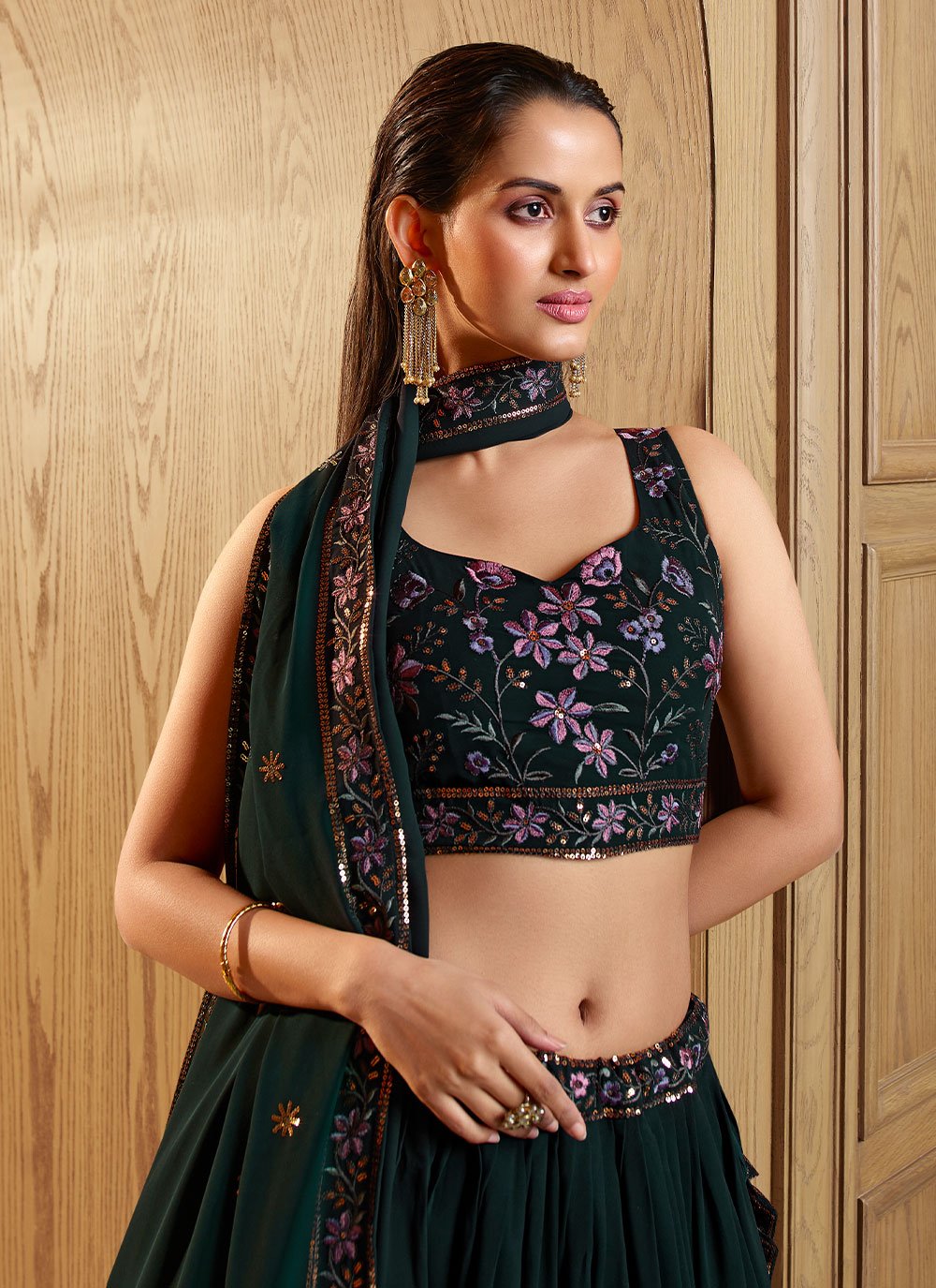 Lehenga Choli Georgette Green Embroidered Lehenga Choli