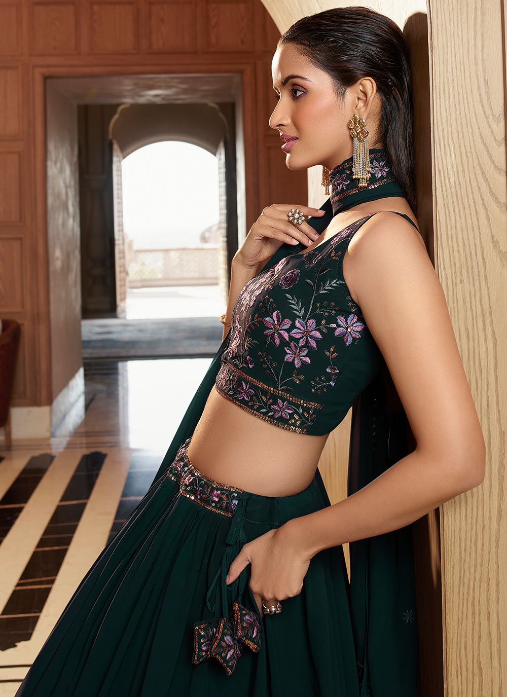 Lehenga Choli Georgette Green Embroidered Lehenga Choli