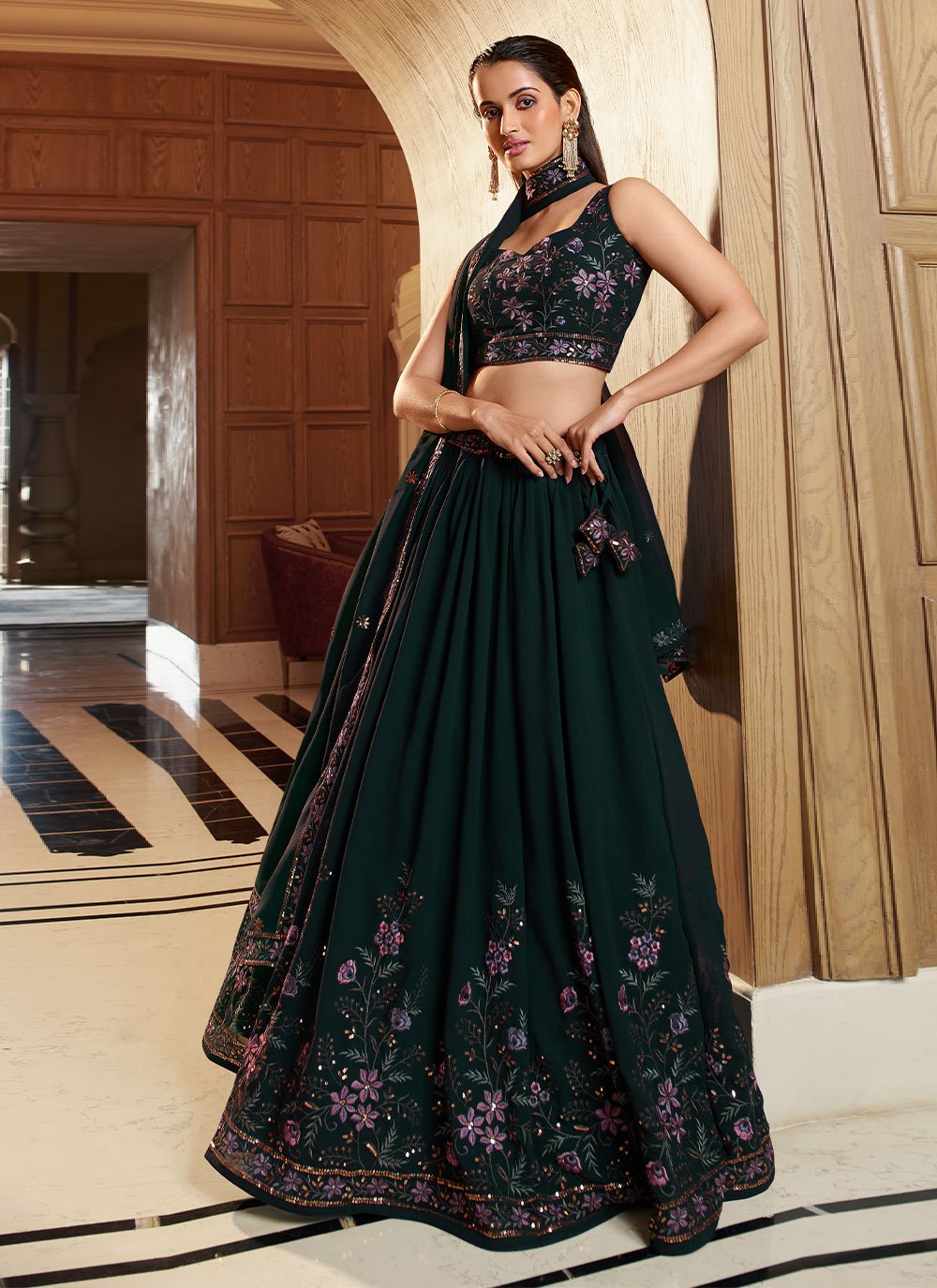 Lehenga Choli Georgette Green Embroidered Lehenga Choli