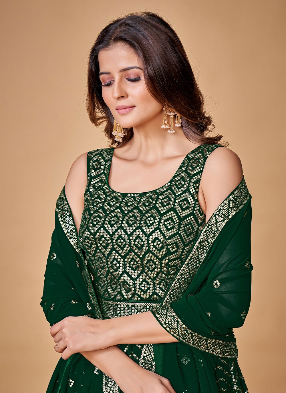 Gown Georgette Green Sequins Gown