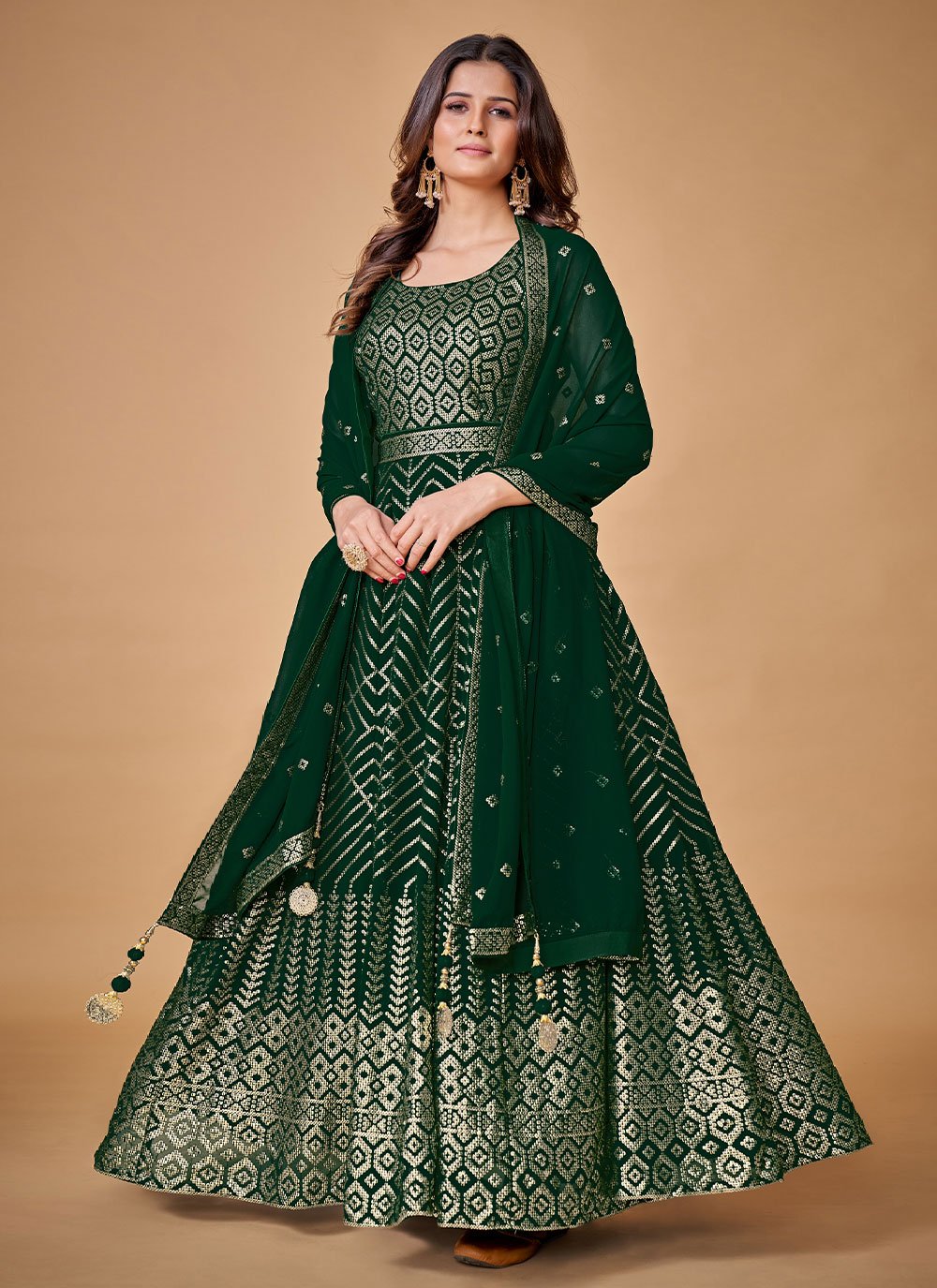 Gown Georgette Green Sequins Gown