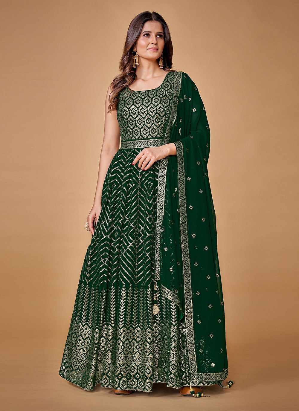 Gown Georgette Green Sequins Gown