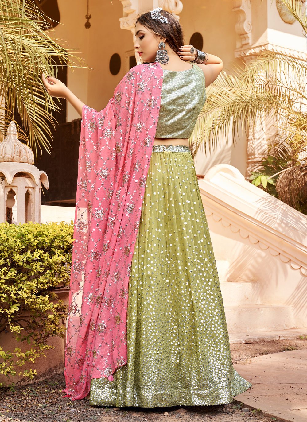 Lehenga Choli Georgette Green Sequins Lehenga Choli