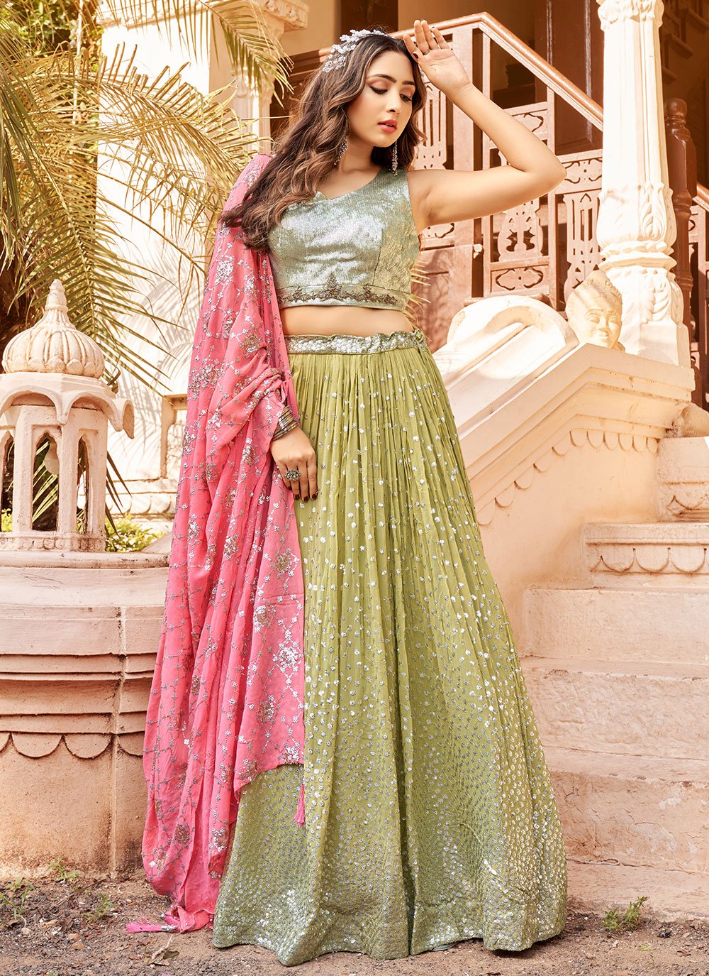 Lehenga Choli Georgette Green Sequins Lehenga Choli