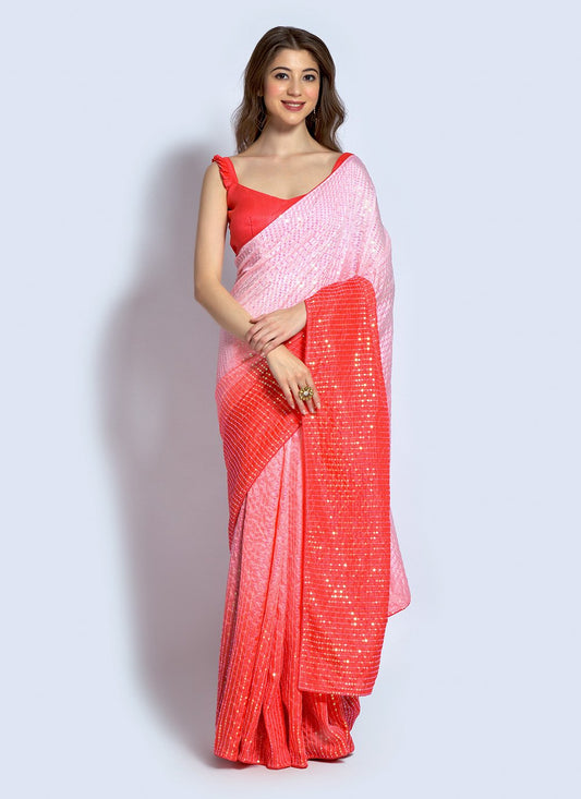 Shaded Saree Georgette Red Sequins Saree