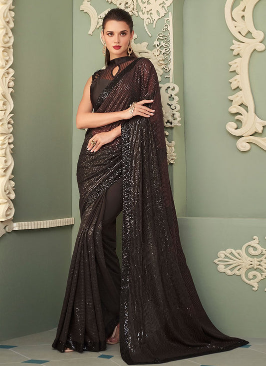 Classic Georgette Brown Embroidered Saree