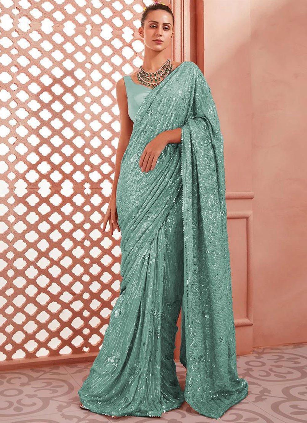 Classic Georgette Aqua Blue Sequins Saree