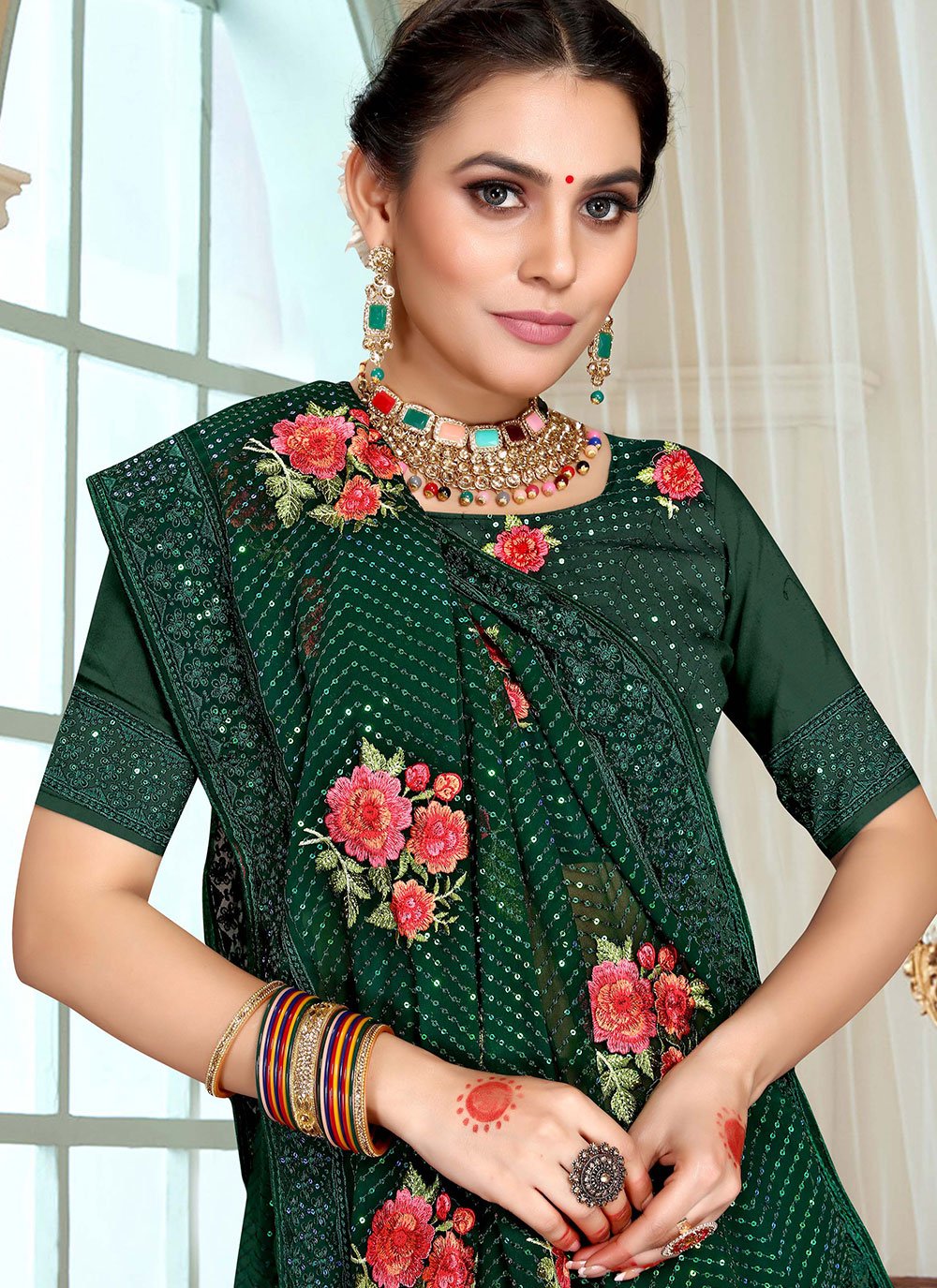 Classic Georgette Green Embroidered Saree