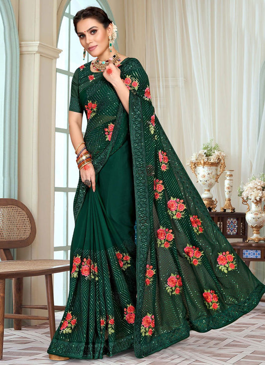 Classic Georgette Green Embroidered Saree