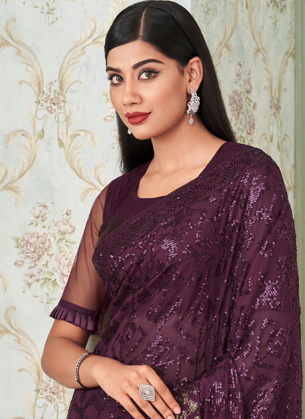 Classic Georgette Purple Sequins Saree