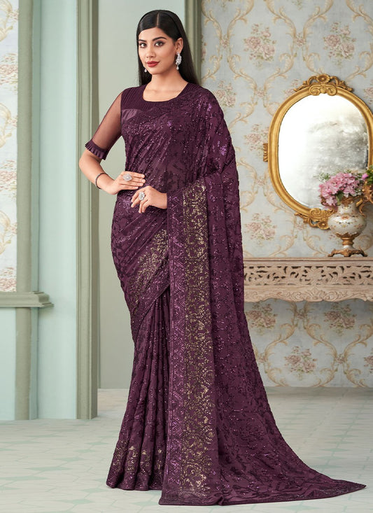 Classic Georgette Purple Sequins Saree