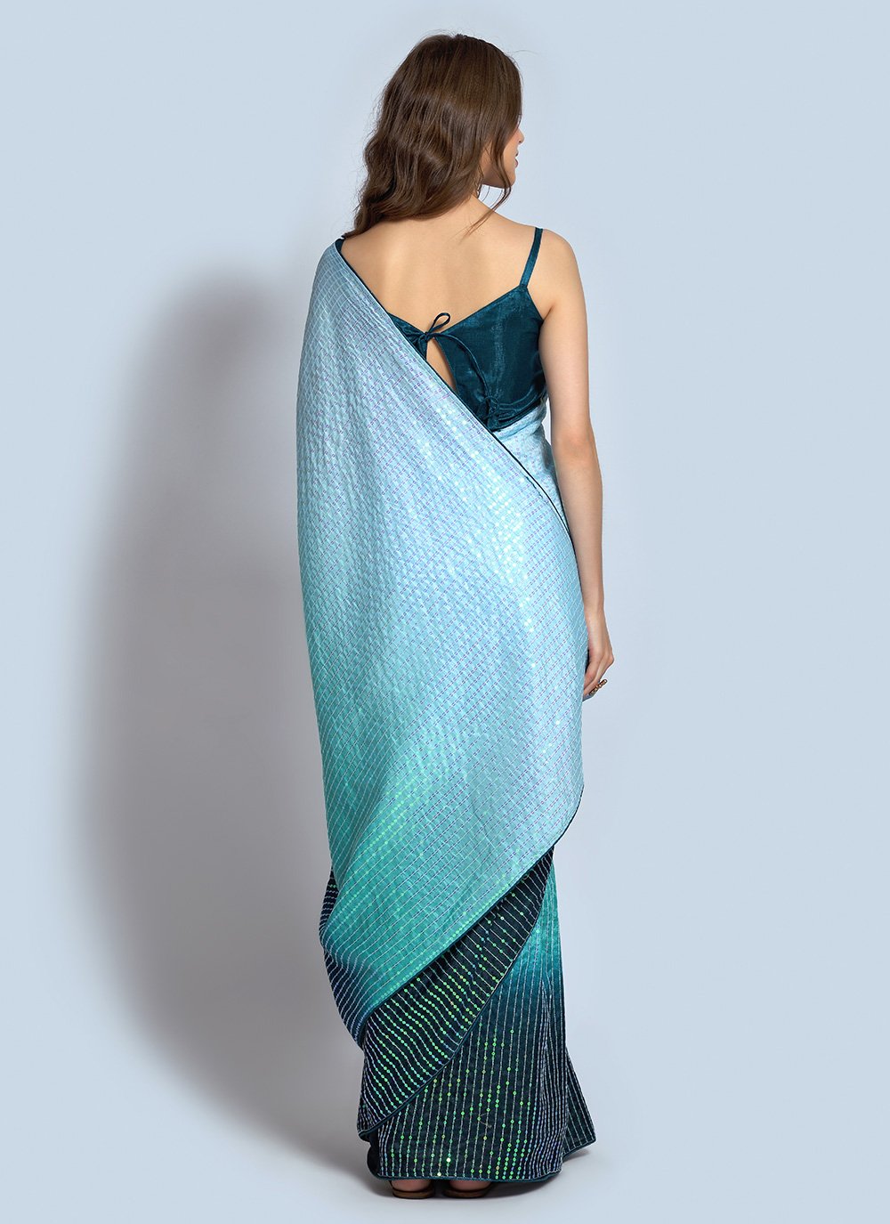 Shaded Saree Georgette Aqua Blue Teal Sequins Saree