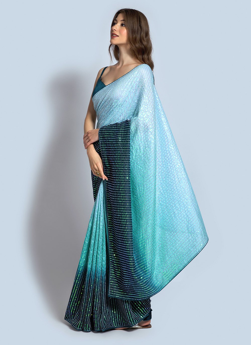 Shaded Saree Georgette Aqua Blue Teal Sequins Saree