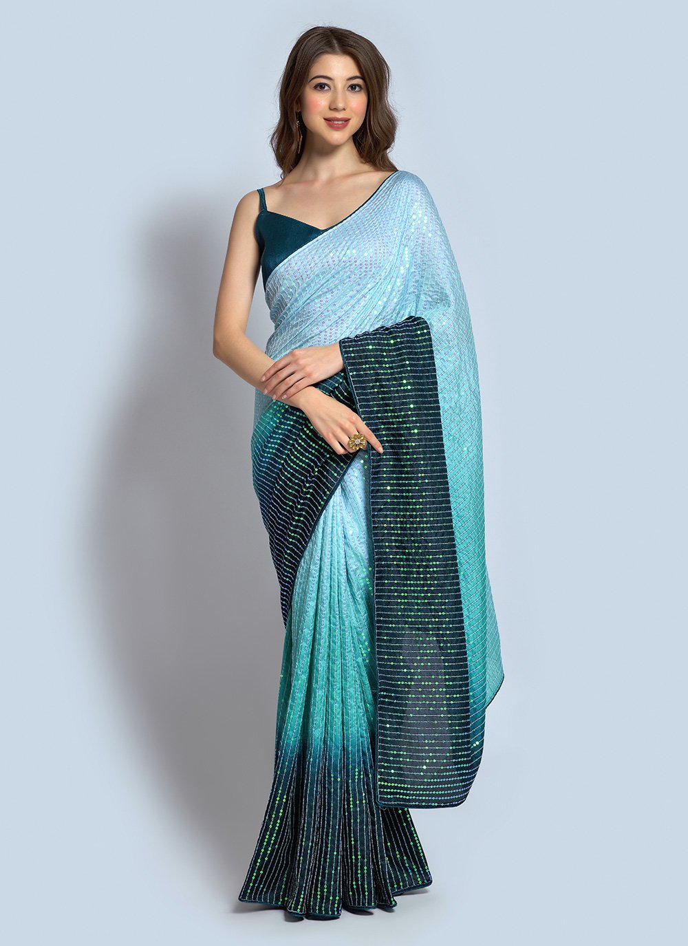 Shaded Saree Georgette Aqua Blue Teal Sequins Saree