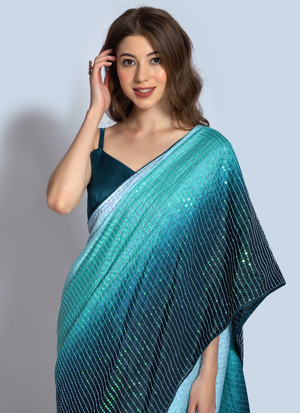 Shaded Saree Georgette Aqua Blue Teal Sequins Saree