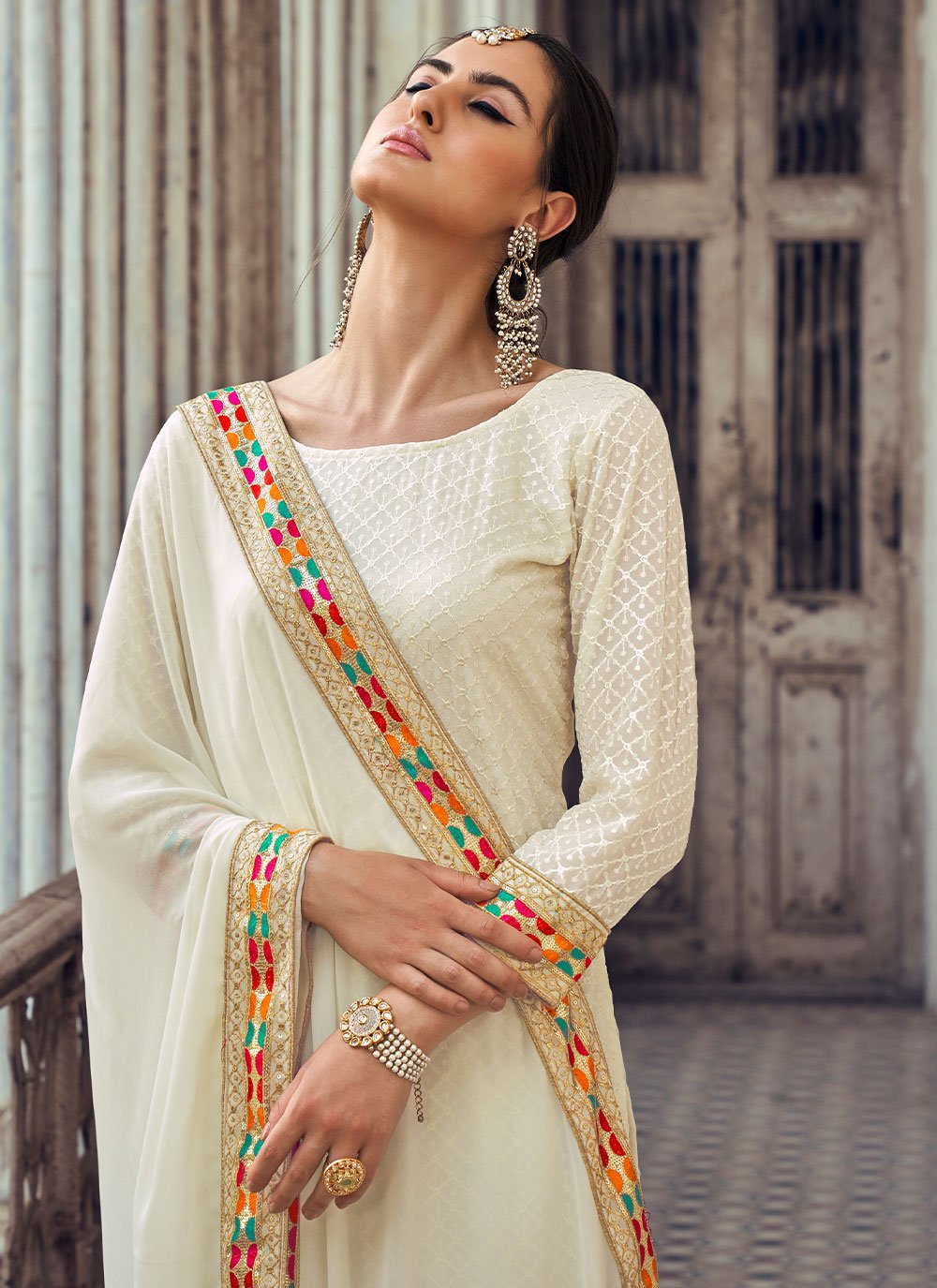 Straight Salwar Suit Georgette Off White Embroidered Salwar Kameez