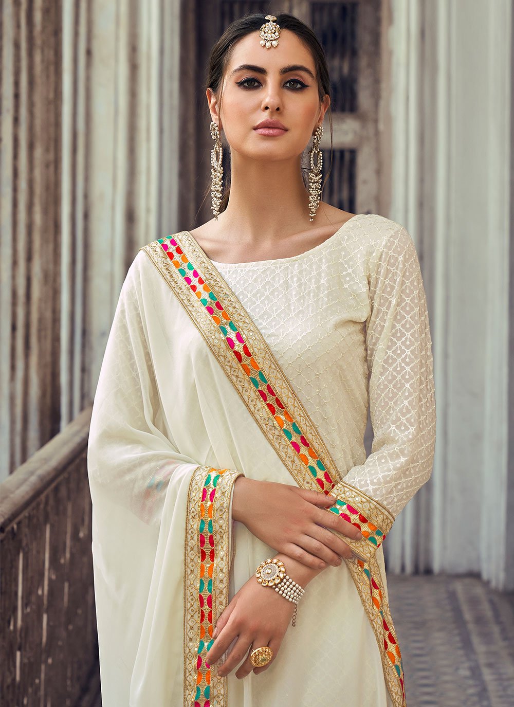 Straight Salwar Suit Georgette Off White Embroidered Salwar Kameez